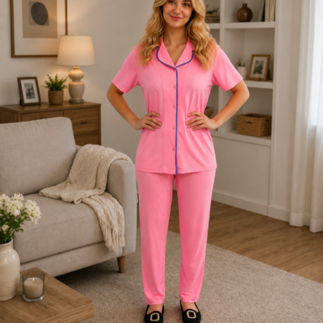 Altın Yonca Ara Biyeli Düğmeli Pijama Takımı = Pembe Renk =